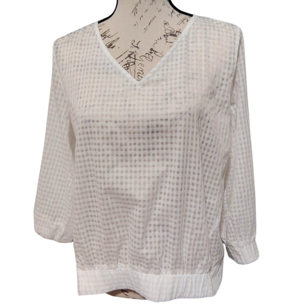 A New Day White Sheer Plaid Blouse Top Medium Checked 3/4 Sleeve Pullover‎ Boho